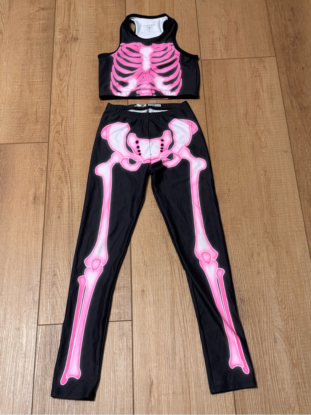 Goldsheep Kids Pink Skeleton Bones Crop Top Leggings Set Girls L 10/12 Halloween